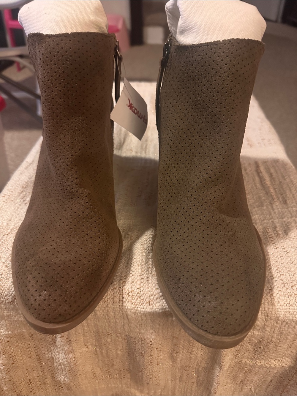 Dolce Vita Perforated Suede Ankle Booties in Taupe Brown